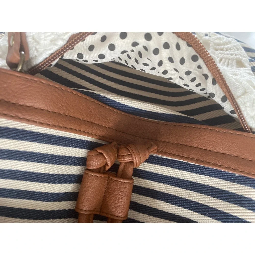 Madden Girl Striped Canvas Backpack Blue White Lace Brown Faux‎ Leather Boho Bag